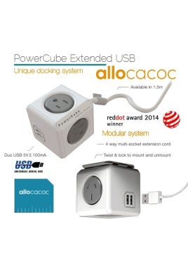 Allocacoc PowerCube Extended USB Powerboard 4-Outlets 2 USB Ports Grey-White 1.5m 
