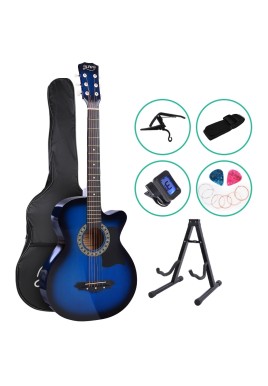 Alpha 38 Inch Acoustic Guitar Wooden Body Steel String Full Size w/ Stand Blue