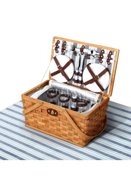 Alfresco 4 Person Picnic Basket Set Wooden Blanket Bag Insulated