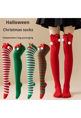 Christmas Socks Women - Overknee Socks - Christmas Knee Socks - Striped Socks - Elf Costume - Santa Claus - Stockings with Bow - Thigh High Stockings - Fancy Dress - Christmas Outfit - Holidays - Long Socks - Christmas Accessories - Multicolor - 5 Pairs