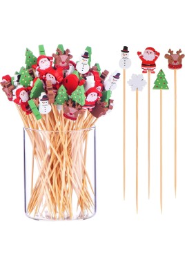 100 Pack Christmas Toothpicks for Appetizers, 4.7 Inch Natural Bamboo Cocktail Picks for Cake Dessert Food Fruit Christmas Party Decorations