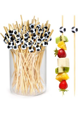100 Pcs Soccer Toothpicks for Appetizers, 4.7 Inch Football Cocktail Picks for Party Decoration, Bamboo Appetizer Skewers for Charcuterie Sandwich Burgers Fruit Drinks Party (Black)