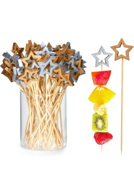 100 Pack Star Toothpicks for Appetizers, 5.5 Inch Natural Bamboo Cocktail Picks for Cake Dessert Food Fruit Christmas Party Decorations (Two-Color)