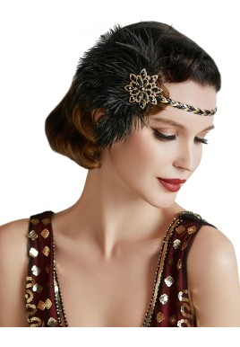 Vintage headband with bow from the brand Petluno in 1920s style: Charleston, flapper-girl, Great Gatsby, suitable as an accessory for a carnival costume, 1, black, gold Black gold