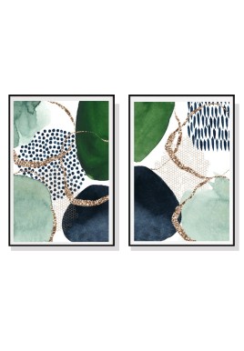 Wall Art 90cmx135cm Abstract Green and Navy 2 Sets Black Frame Canvas