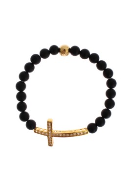 Authentic NIALAYA Bracelet with Matte Onyx Beads and CZ Diamond Cross XS Women