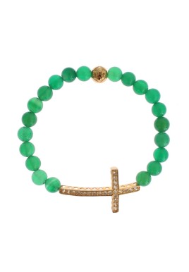 NIALAYA Green Jade Bead Bracelet with CZ Diamond Cross S Women