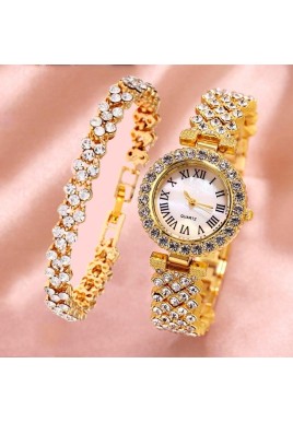 Gold Roman Diamond Watch & Bracelet Set for Women