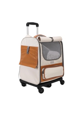 Off-white Large Capacity Breathable Foldable Pet Trolley - Travel Cat Carrier with Wheels, Portable, Spacious, and Convenient for Two Cats