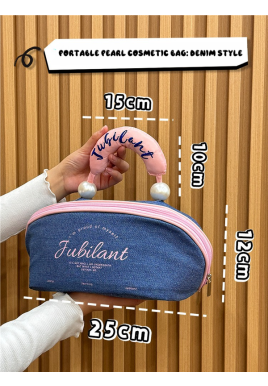 Denim Blue Portable Waterproof Color Block Makeup Bag with Pearl Handle, Large Capacity Cosmetic Storage Organizer for Travel and Daily Use