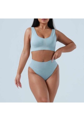 L Blue Seamless High-Waist Ribbed Bra & Panty Set - Wireless Stretchy Underwear