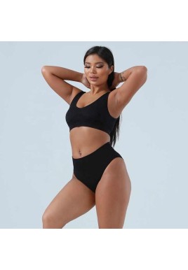 L Black Seamless High-Waist Ribbed Bra & Panty Set - Wireless Stretchy Underwear