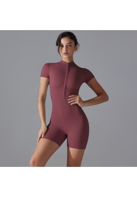 Dark Red Size M Women's Summer Zip-Up Bodysuit - Short Sleeve, High Stretch Yoga & Dance Outfit, Breathable Fitness Wear