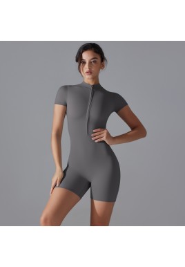 Dark Grey Size L Women's Summer Zip-Up Bodysuit - Short Sleeve, High Stretch Yoga & Dance Outfit, Breathable Fitness Wear