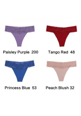 Size L Lace-Trimmed Thong Underwear -4-Pack in Paisley Purple,Tango Red,Princess Blue and Peach Blush