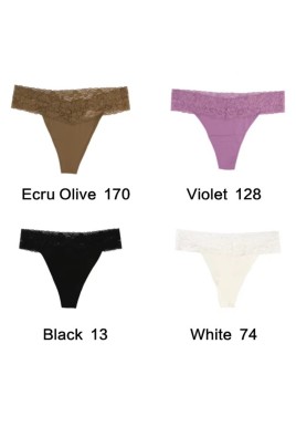 Size XL Lace-Trimmed Thong Underwear -4-Pack in Ecru Olive,Violet,Black and White
