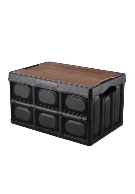 30L Black Foldable Storage Box with Wooden Lid - Multifunctional Car Organizer, Outdoor Folding Storage Container