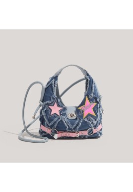 Trendy Denim Crescent Bag - Distressed Star Punk Style Crossbody Handbag - Chic Small Hobo Bag for Women - Spicy Girl Streetwear Aesthetic