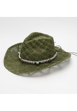 Green Handmade Straw Cowboy Hat, Summer Sun Hat, Outdoor Sun Protection, Fits Head Size 58-59cm