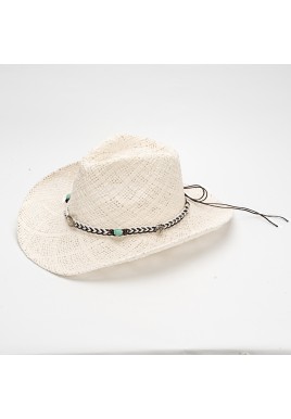 White Handmade Straw Cowboy Hat, Summer Sun Hat, Outdoor Sun Protection, Fits Head Size 58-59cm