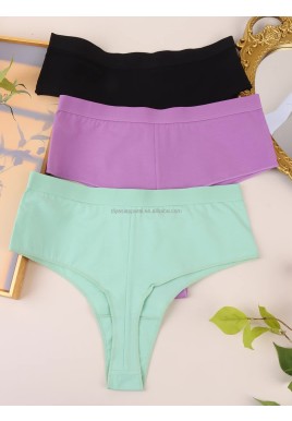 3 pcs（MINT green+Black+Violet） High-Waisted Solid Color Cotton Comfort Plus Size Tummy Control Thong Panties for Women – Size S