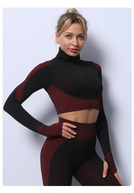 Black+Red High Waist Yoga Set for Women - Sports Bra, Long Sleeve Shirt & Leggings 3-Piece Workout Set Size XXXXL