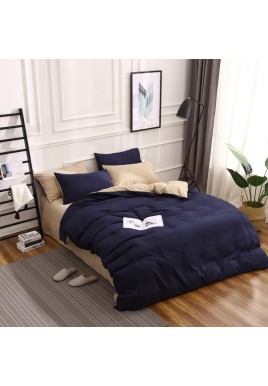 Dark Blue And Khaki Stitching Ultra-Soft Solid Color 4-Piece Bedding Set - Queen Size(Suitable for 2m bed)