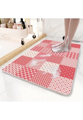 Pink Checkered Pattern  PVC Non-Slip Bath Mat 45x75cm - Shower Drain Hole Design, Soft & Quick-Dry Bathroom Rug