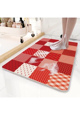 Red Checkered Pattern  PVC Non-Slip Bath Mat 50x80cm - Shower Drain Hole Design, Soft & Quick-Dry Bathroom Rug