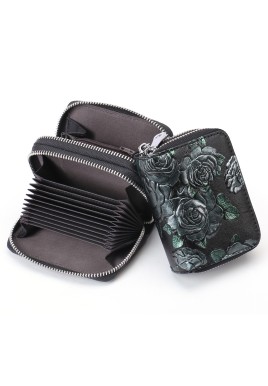 Black Background With Silver Roses Floral Embossed Genuine Leather Card Holder - Large Capacity 10 Card Slots, RFID Blocking, Double Zipper Coin Pouch