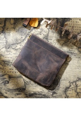 Coffee Genuine Leather Coin Purse - Vintage Style Snap Closure Mini Pouch