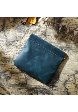 Blue Genuine Leather Coin Purse - Vintage Style Snap Closure Mini Pouch