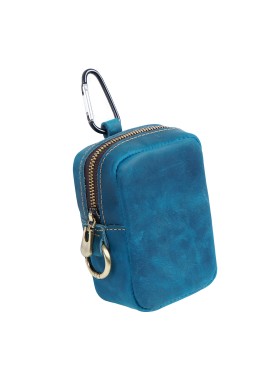 Blue Genuine Leather Belt Pouch - Mini Waist Bag with Zipper and Carabiner