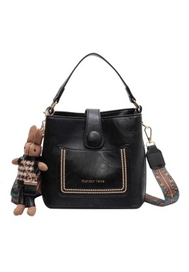 Vintage Style PU Leather Bucket Bag with Wide Patterned Strap & Optional Bunny Charm(black)