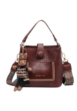 Vintage Style PU Leather Bucket Bag with Wide Patterned Strap & Optional Bunny Charm(red brown)