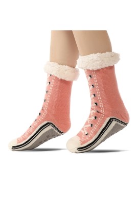 2 Pcs Pink Women's Ultra Soft Sherpa Lined Slipper Socks - Cozy Warm Non-Slip Gripper Home Socks