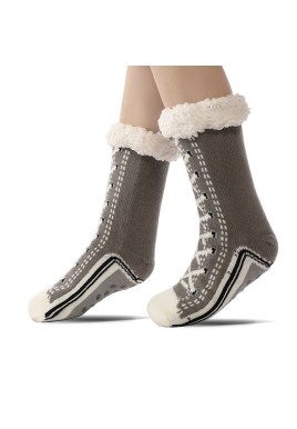 2 Pcs Grey Women's Ultra Soft Sherpa Lined Slipper Socks - Cozy Warm Non-Slip Gripper Home Socks