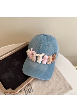 Whimsical Plush Bunny Row Denim Baseball Cap - Adjustable, Sun Protection, Breathable Comfort(Light Blue)
