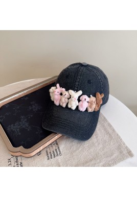 Whimsical Plush Bunny Row Denim Baseball Cap - Adjustable, Sun Protection, Breathable Comfort(Black)