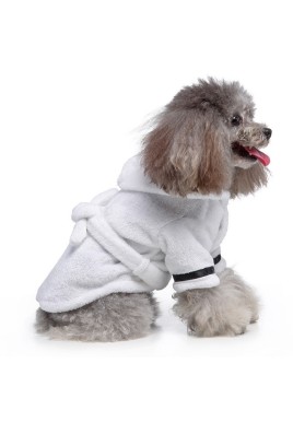 White Cozy Pet Bathrobe Sleepwear – Plush Fleece Dog Robe with Hood and Adjustable Waistband for Small to Medium Breeds(Size:XL)