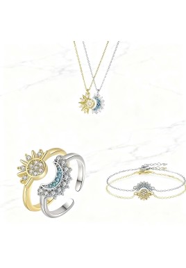 Sun and Moon Friendship Jewelry Set – 6-Piece Matching Ring, Necklace & Bracelet Duo for Best Friends in Gold and Silver Tone with Cubic Zirconia