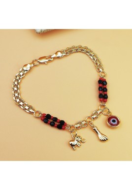 Gold-Tone Chain Bracelet with Red and Black Beads, Elephant Charm, Feather Pendant, and Round Stone Accent – 19 cm Length