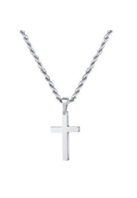 Silver Tone Cross Pendant Necklace Twisted Rope Chain 45cm Unisex Fashion Jewellery Gift for Men & Women