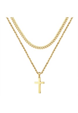 Double Layer Gold Tone Cross Pendant Necklace Set Cuban Link & Rope Chain 40-45cm Layered Fashion Jewellery
