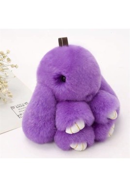 Fluffy Mini Rex Rabbit Fur Keychain Cute Bunny Bag Charm - Soft Plush Animal Doll Key Ring for Car Keys & Handbags - Purple