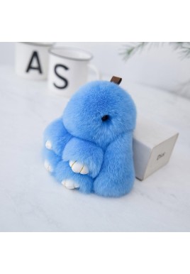 Fluffy Mini Rex Rabbit Fur Keychain Cute Bunny Bag Charm - Soft Plush Animal Doll Key Ring for Car Keys & Handbags - Blue