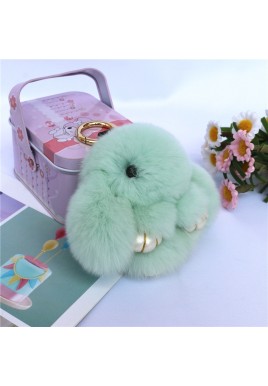 Fluffy Mini Rex Rabbit Fur Keychain Cute Bunny Bag Charm - Soft Plush Animal Doll Key Ring for Car Keys & Handbags - Green