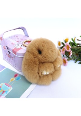 Fluffy Mini Rex Rabbit Fur Keychain Cute Bunny Bag Charm - Soft Plush Animal Doll Key Ring for Car Keys & Handbags - Khaki