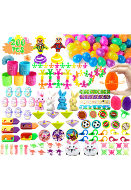 200 PCS Easter Party Favours Set with Plastic Eggs & Assorted Toys - Bulk Fillers for Kids Egg Hunts, Basket Stuffers & Classroom Rewards