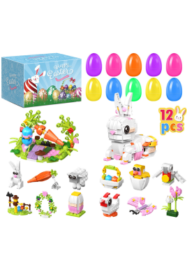 12 PCS Pre-filled Easter Eggs with Mini Building Block Toys - Creative Construction Figures (Bunny, Chick, Sheep) for Kids Egg Hunt, Party Favours & Basket Stuffers